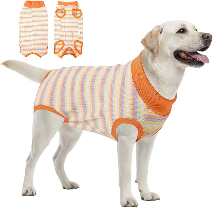 SAWMONG Recovery Suit for Dogs Female Male, Cotton Breathable Dog Onesie After Surgery Spay Neuter, Professional Pet Surgical Suit, Substitute E-Collar Cone (Orange Stripes, 3XL)