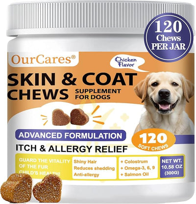Skin and Coat Supplement for Dogs, Omega 3 Fish & Salmon Oil with EPA & DHA, Colostrum Support Skin & Coat Healthy, Itchy Dog Allergy May Reduce Shedding, Chicken Flavor, 120 Ct
