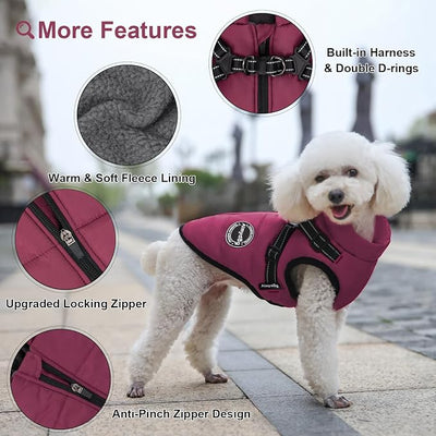 Warm Dog Winter Coat, Dog Cold Weather Jacket with Built-in Harness, Reflective & Adjustable Comfortable Pet Vest, Windproof Apparel for Small Medium Large Dogs (Purple)