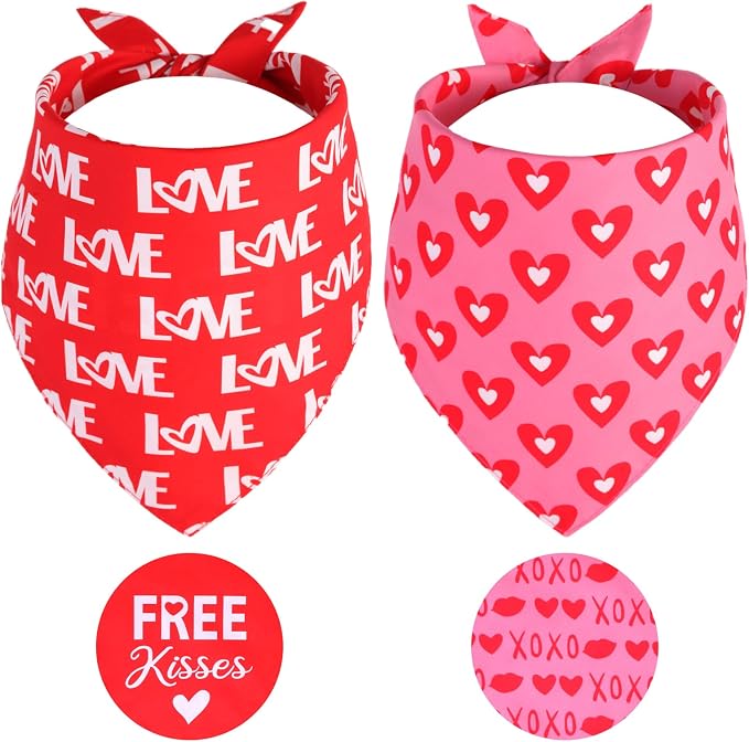 Valentine's Dog Bandanas XLarge 2PCS, Triangle Reversible Sweetheart Scarf for Boy and Girl, Love Bibs Accessories for Large and Extra Large Dogs