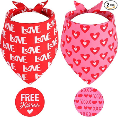 Valentine's Dog Bandanas Large 2PCS, Triangle Reversible Sweetheart Scarf for Boy and Girl, Love Bibs Accessories for Medium Large Dogs Cats