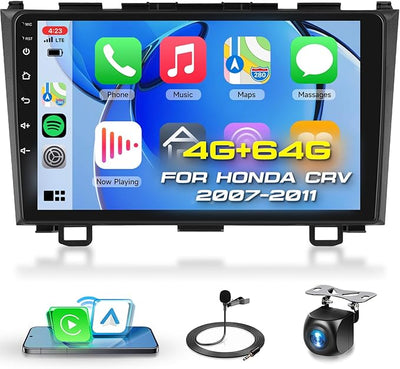 4G+64G Car Radio Stereo for Honda CRV 2007-2011, Wireless CarPlay Android Auto 9 Inch IPS Touch Screen Android 15 GPS Head Unit 5Ghz-WiFi Bluetooth DSP Audio USB Dual Mic HD Rear Camera