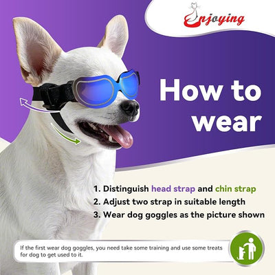Enjoying Dog Sunglasses Small Breed, Dog Goggles UV Protection, Cycling Eye Protection for Small Dogs, Lightweight Windproof Dustproof Anti-Fog, Adjustable Straps, Bright Blue