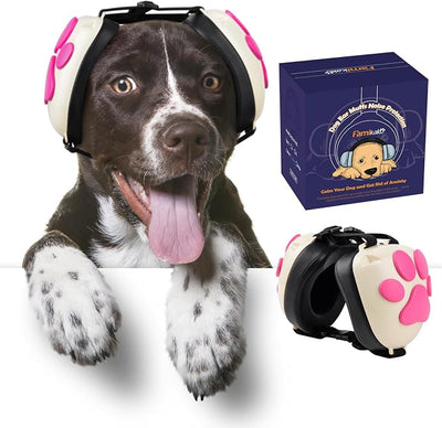 Upgraded Dog Ear Muffs for Noise Protection - 22dB NRR Noise Cancelling Headphones with Dog Paw Design, Calming Earmuffs for Thunder, Fireworks & Hunting (L, White-Pink)