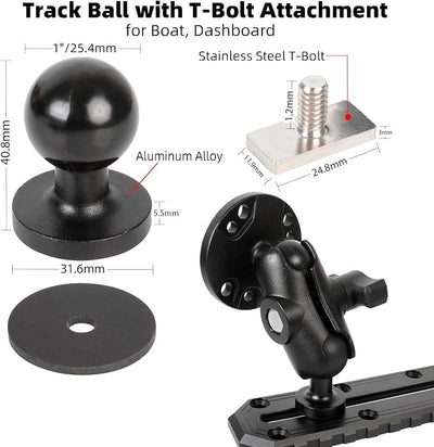 Aluminum 1" Ball Fish Finder Mount for Garmin Striker 4 / Plus 4 / Vivid 4cv, AMPS Hole Round Plates for RAM Mounts/GPS/Boats/Vehicle, T-Bolt Attachment for Track Systems, Lowrance, Humminbird