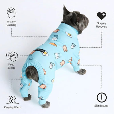Spark Paws Dog Pajama, Dog Recovery Suit Male, Onesie, Ultra-Soft and 4-Way Stretch, for Small Medium and Large Breeds - Breakfast Blue - L