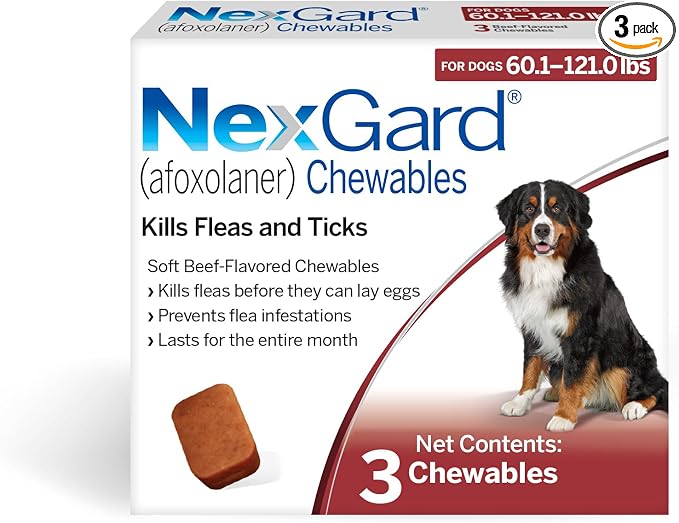 NexGard® (afoxolaner) Flea and Tick Protection for Dogs Oral Soft Beef Flavored Chewables, 60.1 to 121 lbs (Red Box) 3 Chews (3 Month Supply)