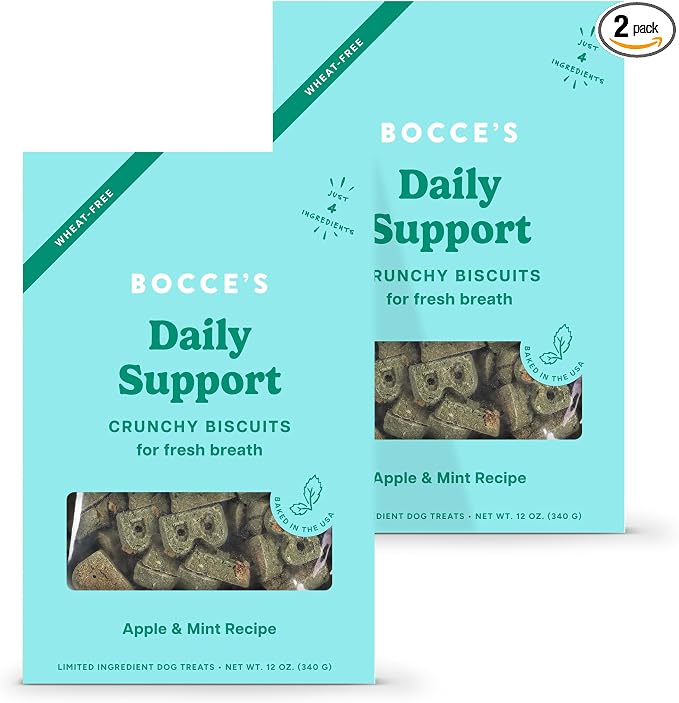 Bocce's Bakery Daily Breath Support Dog Treat Bundle for Oral Health – All-Natural, Wheat-Free Biscuits Made with Real Ingredients and Baked in The USA – Apple & Mint Recipe (2 Pack Bundle)