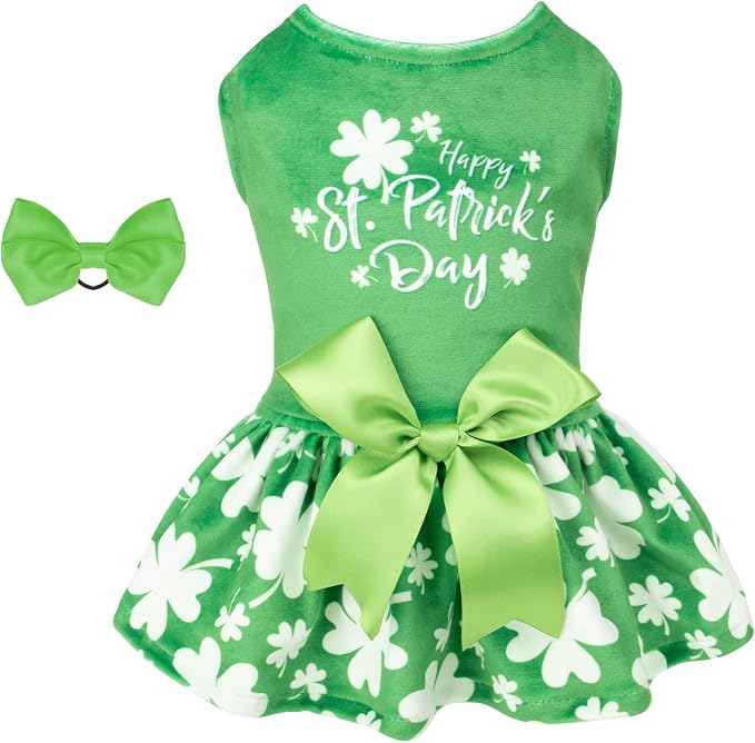 CuteBone St.Patrick's Day Dog Green Dress Velvet for Small Dogs Girl Puppy Dresses Clover Dog Clothes