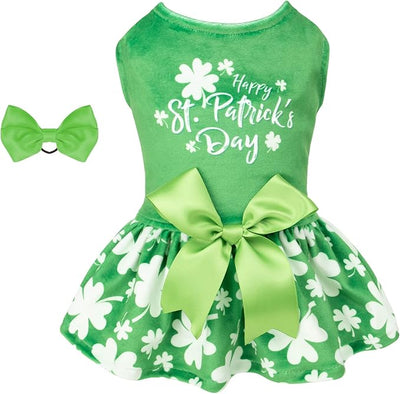 CuteBone St.Patrick's Day Dog Green Dress Velvet for Small Dogs Girl Puppy Dresses Clover Dog Clothes