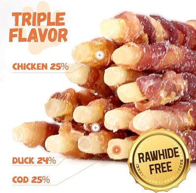 Pawmate Triple Flavor Dog Treats, Chicken Duck Wrapped Cod Sticks, Rawhide-Free Grain-Free Soft Chewy Treats Natural Ingredients, Training Snacks for Small Medium Large Dogs, 15-17 Counts, 10.6 oz
