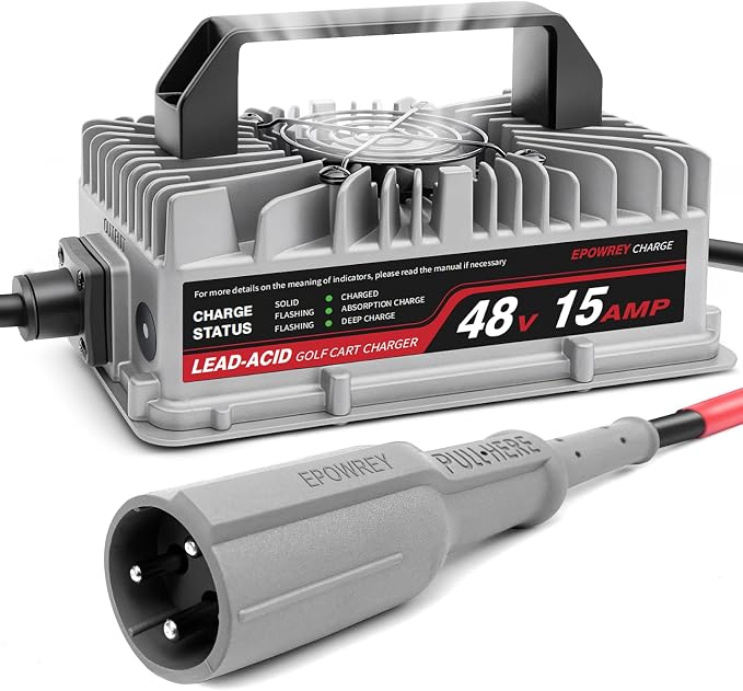 EPOWREY 48V 15 AMP Golf Cart Charger for Club Car Precedent & DS Series with 3-Pin Round Plug- Lead Acid Battery