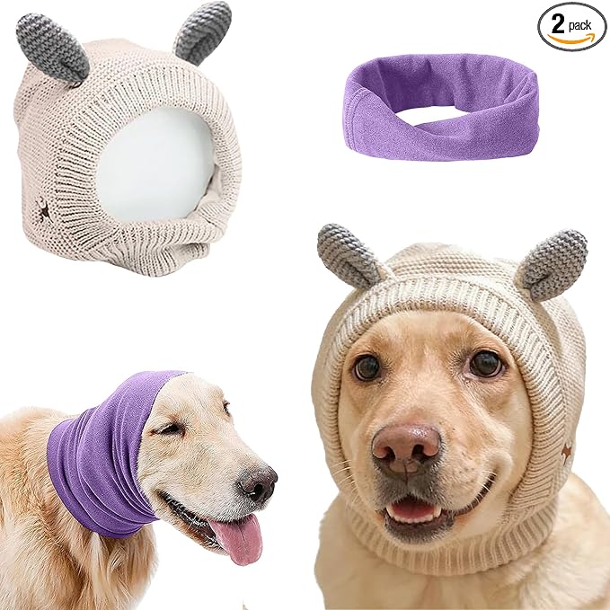 Quiet Ears for Dogs Anxiety Barking Dog Ear Covers Muffs Snood for Noise | 2PCS Ear Hearing Earmuffs Fireworks Protection Anti Anxiety Dog Hat Large Dog (Purple & Grey)
