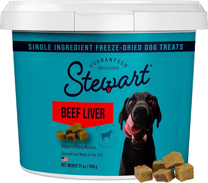 Stewart 100% Beef Liver Dog Treats, 21 oz Tub, ~475 Pieces, Freeze Dried Raw, 50% Protein, Single Ingredient Training Treats or Meal Topper, Grain Free, Gluten Free