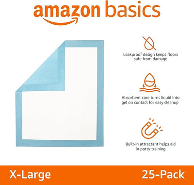Amazon Basics Super Absorbent Dog and Puppy Potty Pads, Leak-Proof 5-Layer Design with Quick-Dry Surface for Housebreaking, Heavy Duty Absorbency, X-Large, 28 x 34 Inch, Blue & White, 25-Pack