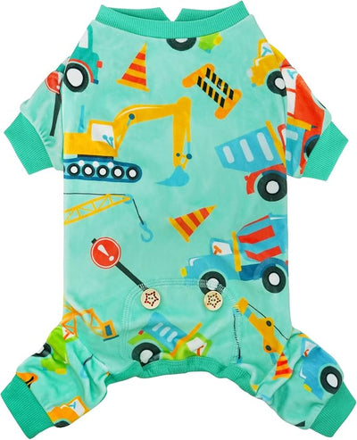 KYEESE Dog Pajamas Stretchy Pet Jammies Coat Comfy Pet Onesie Costume Velvet Dog Pajamas Small Sized Dogs Soft Dogs Clothes Pjs with Construction Vehicles Pattern, Large