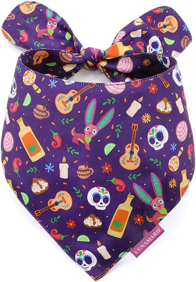 LunaMarie - Luxury Dog Bandanas - Dia De Los Muertos Design | Premium & Silky Poly Fabric | 100% Handmade | Custom Shape Dual Layered Reversible Small, Medium, Large Cat Scarf (Day Of The Dead, Large)