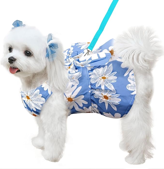 ABRRLO Cute Dog Dress Small Dog Clothes For Girls Female Puppy Outfits Blue Daisy Pet Summer Clothes Bowknot Doggy Cat Princess Dress Harness Set for Holiday Birthday Party Costume Clothing (Blue,XXL)