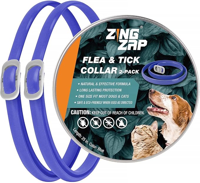 ZingZap Flea & Tick Collar 2-Pack Blue, Protects from Biting Insects, Adjustable Fits Both Dogs & Cats, Built-in Plant Based Formula, Slow-Release Lasting Protection, Waterproof