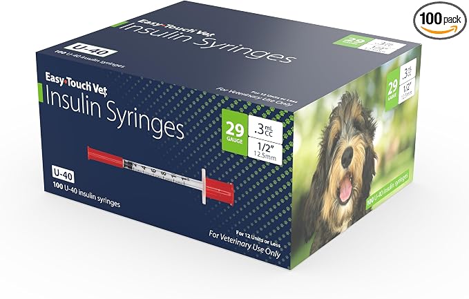 Easy Touch Pet U-40 Insulin Syringes for Dogs & Cats – 29G 0.3cc 1/2", Half-Unit Markings, Compatible with U-40 Insulin, Box of 100 (For Animal Use Only)