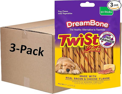 Dreambone Twist Sticks with Real Bacon and Cheese Flavor 50 Count, Rawhide-Free Chews for Dogs (3 Pack)