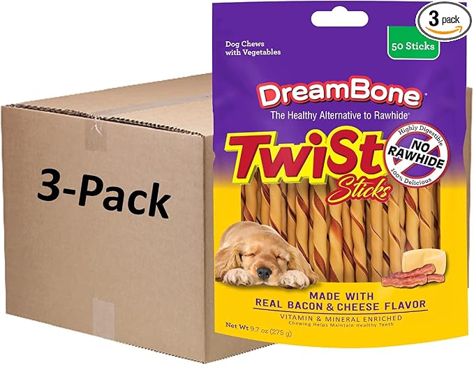 Dreambone Twist Sticks with Real Bacon and Cheese Flavor 50 Count, Rawhide-Free Chews for Dogs (3 Pack)