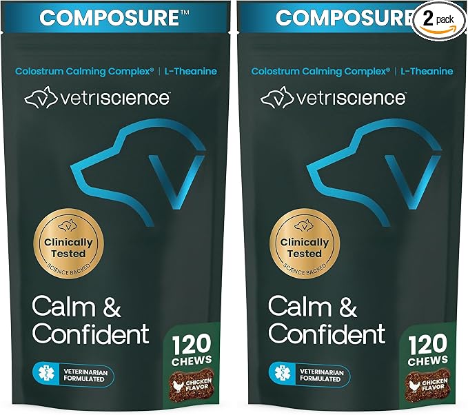 VetriScience Calm & Confident Chews, Composure Clinically Tested Calming & Anxiety Supplement for Dogs, Reduce Stress and Fear, Ideal for Thunderstorms, Fireworks & Travel 120 Count (Pack of 2)