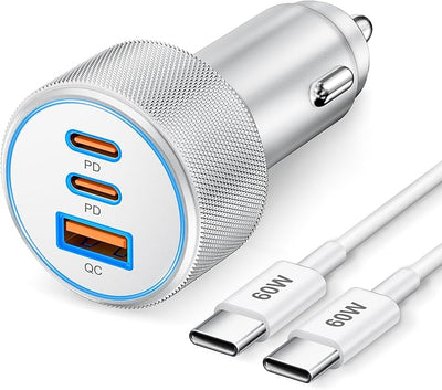 67W 3-Port Super Fast Type C Car Charger USB C for iPhone 17/Air/16/16e/15 Pro Max, Samsung Galaxy S25 S24 S23, Pixel, Android, Car Adapter Accessories for Men Women + 3FT USB-C Cable Silver
