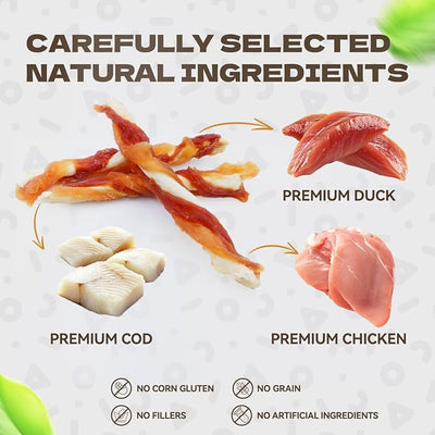 Triple Flavor Dog Jerky Treats, Real Chicken Duck and Cod Twist Strips Dog Training Treats Snacks Healthy Rawhide-Free Chews for Small Medium Large Breeds 10.58oz