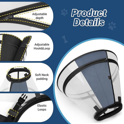Dog Cone to Stop Licking, Clear Recovery Collar with Detachable Zipper, Sturdy Elizabethan Collar for Large Medium Small Dogs, Soft Adjustable Cone After Surgery Patented, Black L
