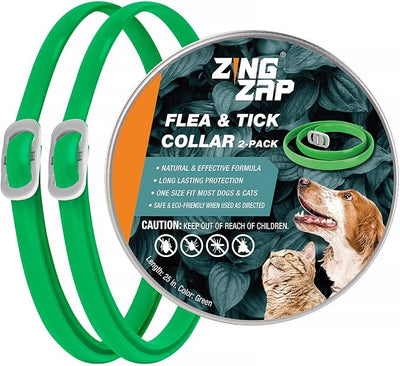 ZingZap Flea & Tick Collar 2-Pack Green, Protects from Biting Insects, Adjustable Fits Both Dogs & Cats, Built-in Plant Based Formula, Slow-Release Lasting Protection, Waterproof