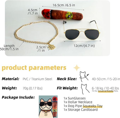 Funny Dog Sunglasses and Gold Chain Toys Set, Cuban Link Necklace with Dollar Sign Charm, Puppy Cat Superstar Costume Outfits Accessories for Boy Small Medium Dogs(Dog)