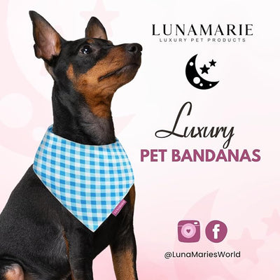LunaMarie - Luxury Dog Bandanas - Puppy Bandanas Cat Accessories | Premium & Silky Fabric | 100% Handmade Quality | Custom Shape Dual Layered Small, Medium, Large Cat Scarf (Blue Checkers, Medium)