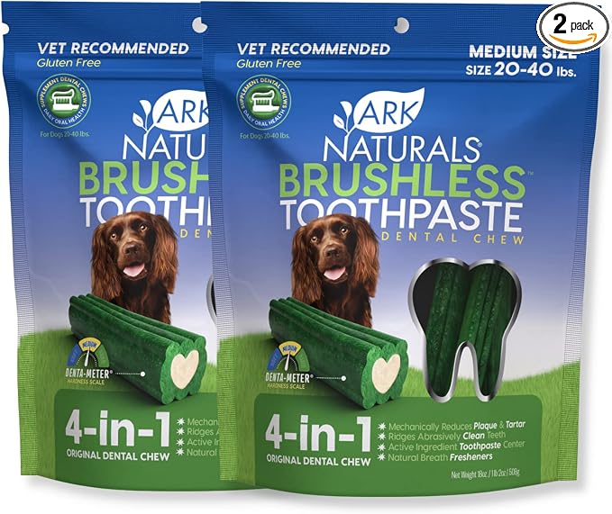 Ark Naturals Brushless Toothpaste – Medium Breeds, 18oz Bag, 2-Pack – Dog Dental Chew with Toothpaste Center – Freshen Breath and Reduce Plaque & Tartar with Dental Chews for Dogs