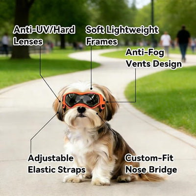 Enjoying Dog Sunglasses Small Breed, Dog Goggles UV Protection, Cycling Eye Protection for Small Dogs, Outdoors Breathable Windproof Dustproof Anti-Fog, Adjustable Straps, Cool Orange