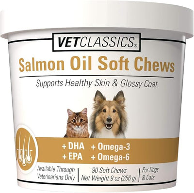Vet Classics Salmon Oil Pet Supplement for Healthy Skin, Glossy Coats – Dog Coat Supplement, Cat Skin Supplement – Includes Omega-3, 6, 9, Source of DHA, EPA – Soft Chews 90 Ct.