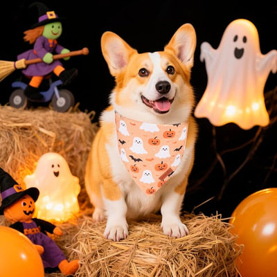 PTDECOR Halloween Dog Bandana, Pumpkin Ghost Design Reversible Holiday Pet Scarf, Black Yellow Halloween Bandanas for Medium Large Dogs Pets (Large)