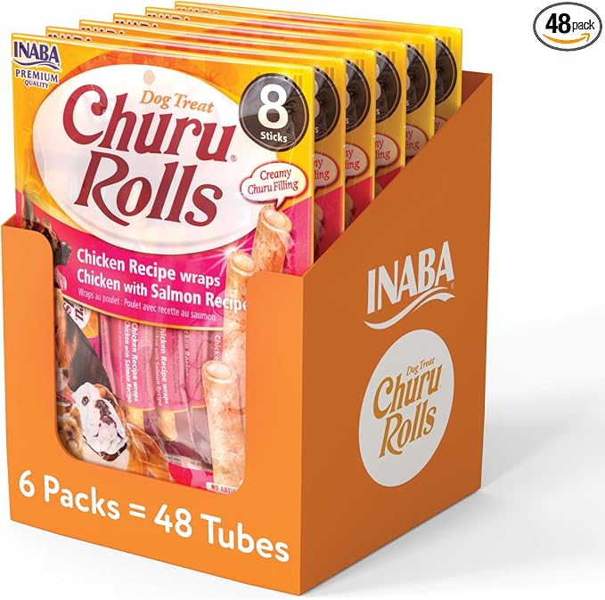 INABA Churu Rolls for Dogs, Soft & Chewy Baked Chicken Wrapped Filled Dog Treats, 0.42 Ounces Each Tube, 48 Tubes Total, Chicken with Salmon Recipe