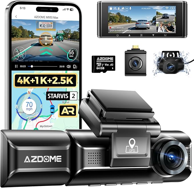 AZDOME M550 Max 4K 3 Channel Dash Cam, Dual STARVIS 2 Sensors, 4K+2.5K+1080P Front and Rear Inside Triple Car Camera, Built-in WiFi GPS, 64GB Card Included, IR Night Vision, Ride Share Accessories