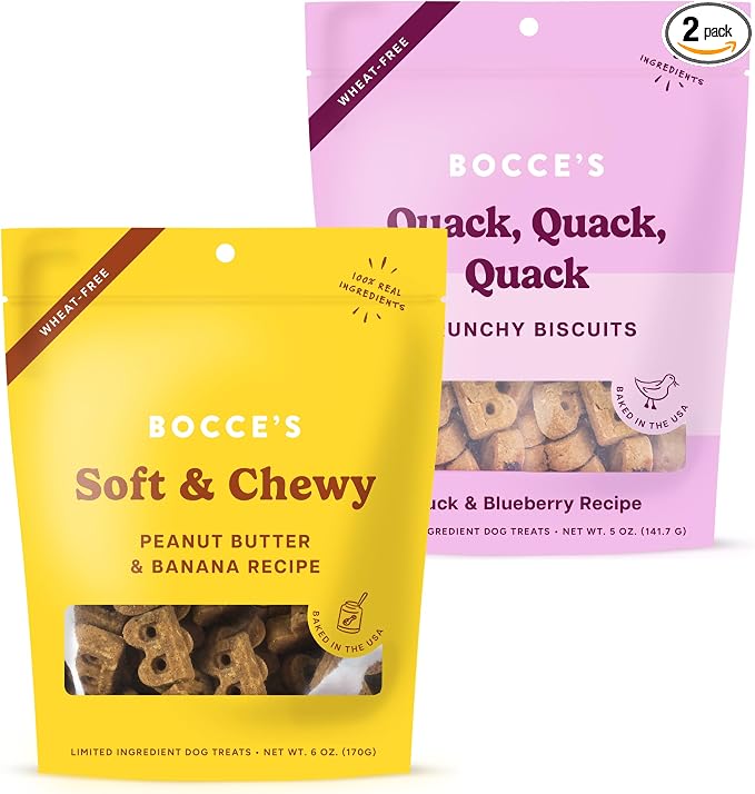 Bocce's Bakery PB & Banana Cookie + Quack Quack Quack Biscuit Dog Treat Bundle – Natural, Wheat-Free Biscuits and Soft & Chewy Cookies Made with Real Ingredients & Baked in The USA – 2 Pack Bundle