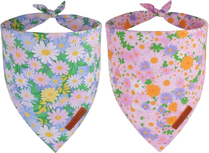 ADOGGYGO Floral Dog Bandanas, Spring Summer Daisy Pet Scarf, Premium Fabric, Purple Pink Flower Bandanas for Extra Large Dogs (X-Large)