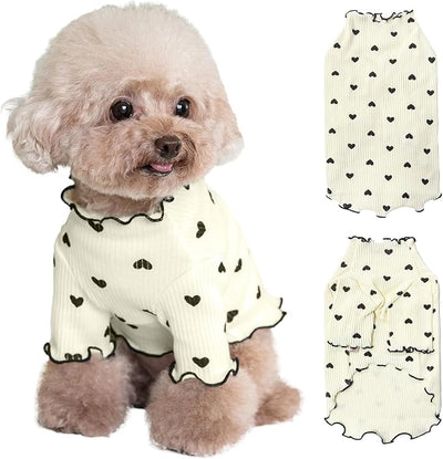 Pet Clothes for Small Dogs Cat Summer Fall Heart Print Shirt Stretchable Ruffle Long Sleeve Outfits for Chihuahua Schnauzer Shih Tzu Yorkie (Beige, X-Small)