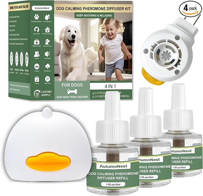 4-Pack Dog Calming Diffuser Kit (1 Diffuser + 3 Refills), Plug-in Pheromone Calming Diffuser for Dog, 90-Day Supply, Covers 700 sq ft, Safe & Odorless Stress Relief Solution, Promotes Relaxed Behavior