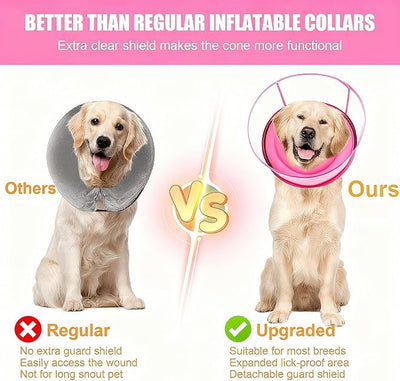 2-in-1 Soft Inflatable Dog Cone Collar Alternative with Enhanced Anti-Licking Guard Shield, Dog Collar After Surgery, Adjustable Recovery Cones for Large Medium Small Dogs and Cats (Pink, M)