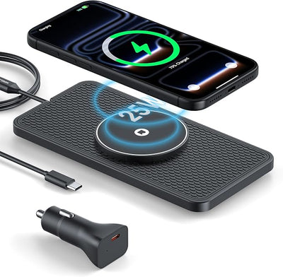 25W Magnetic Wireless Car Charger Pad, REESTECQI for MagSafe Car Charger with 45W USB-C Car Charger, Anti-Slip Wireless Charging Pad for Car Compatible with iPhone 17 16 15 14 13 12 (1 Meter Cable)