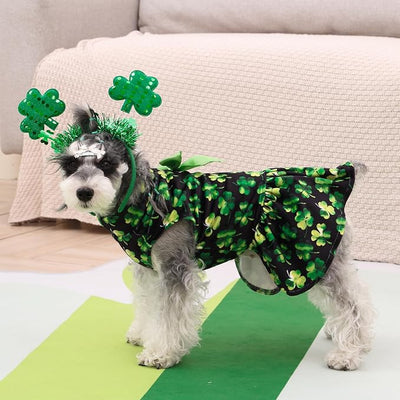 CuteBone Turtleneck Dog Velvet Dress St. Patrick's Day Four Leaf Clover Puppy Skirt Costume Pet Clothes Cat Apparel with Bow Hair Rope for Small Dogs CVD20M