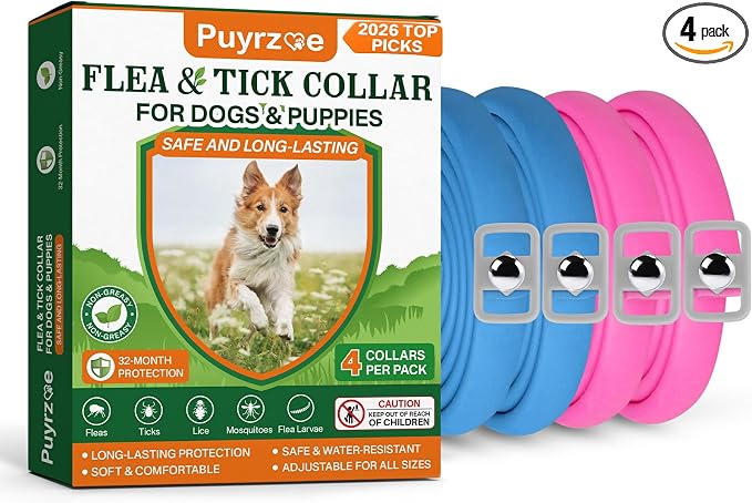 Puyrzoe Flea and Tick Prevention for Dogs Collar 4 Pack, Natural Flea Collar for Dogs 32-Month Full Protection, Adjustable Dog Tick Prevention for Puppy & Dog, Waterproof, 2 Pink & 2 Blue