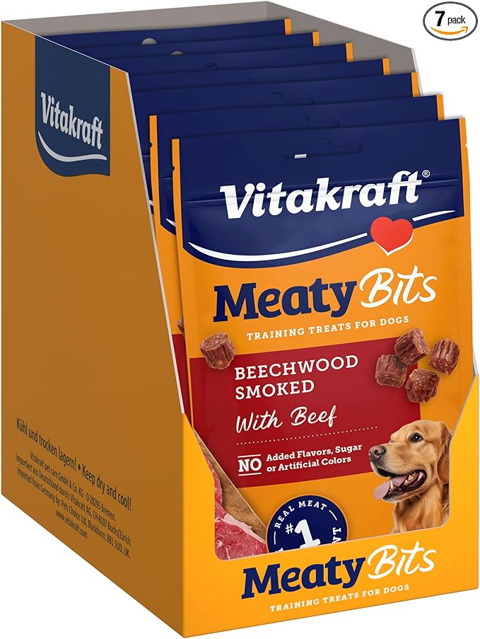 Vitakraft MeatyBits Beef, Training Treats for Dogs, Naturally Smoked, Real Meat #1 Ingredient, No Added Sugar, No Artificial Flavors or Colors, Soft Dog Treats, Bag, 2.2 oz, 7 Count