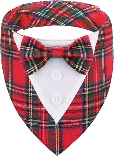 ADOGGYGO Christmas Dog Tuxedo Bandana, Red Plaid Pet Chritstmas Collar with Bowtie, Adjustable Christmas Costume for X-Small Dogs Pets (XS)