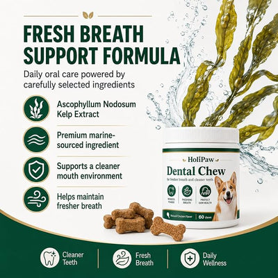 Holipaw Dental Chew for Cleaner Teeth & Fresher Breath, Dental Treats with Kelp Extract, Probiotics, Parsley & Peppermint, Supports Plaque Control and Gum Health, Natural Chicken Flavor, 60 Count